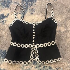 Reformation Black linen minna Daisy-Trim Peplum Camisole Top